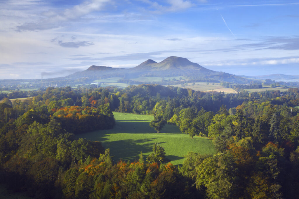 Scotland, Scottish Borders, Melrose. The Eildon Hills, viewed in Autumn from the famous viewpoint of Scott's View near Newton St Boswells.