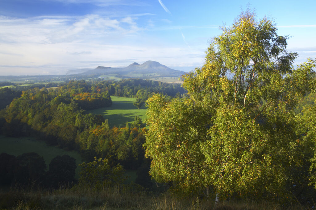 Scotland, Scottish Borders, Melrose. The Eildon Hills, viewed in Autumn from the famous viewpoint of Scott's View near Newton St Boswells.