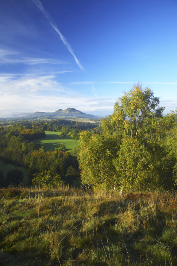 Scotland, Scottish Borders, Melrose. The Eildon Hills, viewed in Autumn from the famous viewpoint of Scott's View near Newton St Boswells.