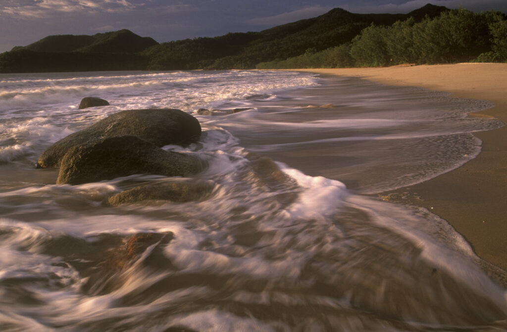 AUSTRALIA, Queensland, Hinchinbrook Island National Park. Soft morning light bathes the coastline of the Little Ramsey Bay