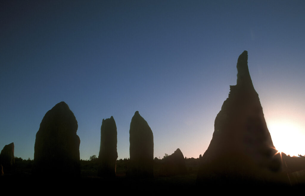 AUSTRALIA, Western Australia, Nambung National Park. The rising sun silhouettes the limestone pillars found within Nambung National Park