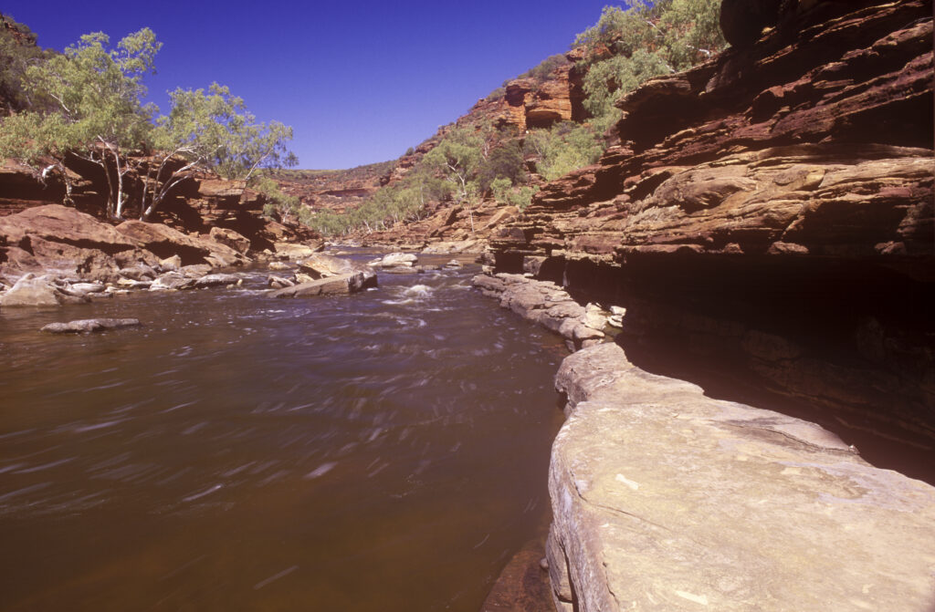 AUSTRALIA, Western Australia, Kalbarri National Park. The flowing waters of the Z-bend gorge, with surrounding red, steep banded cliffs.