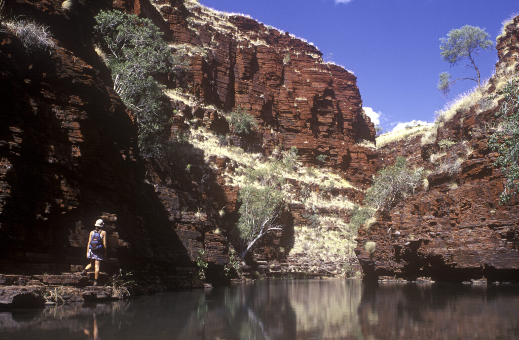 AUSTRALIA, Western Australia, Karajini National Park. Girl bush-walker exploring the dramatic landscape of Knox Gorge.