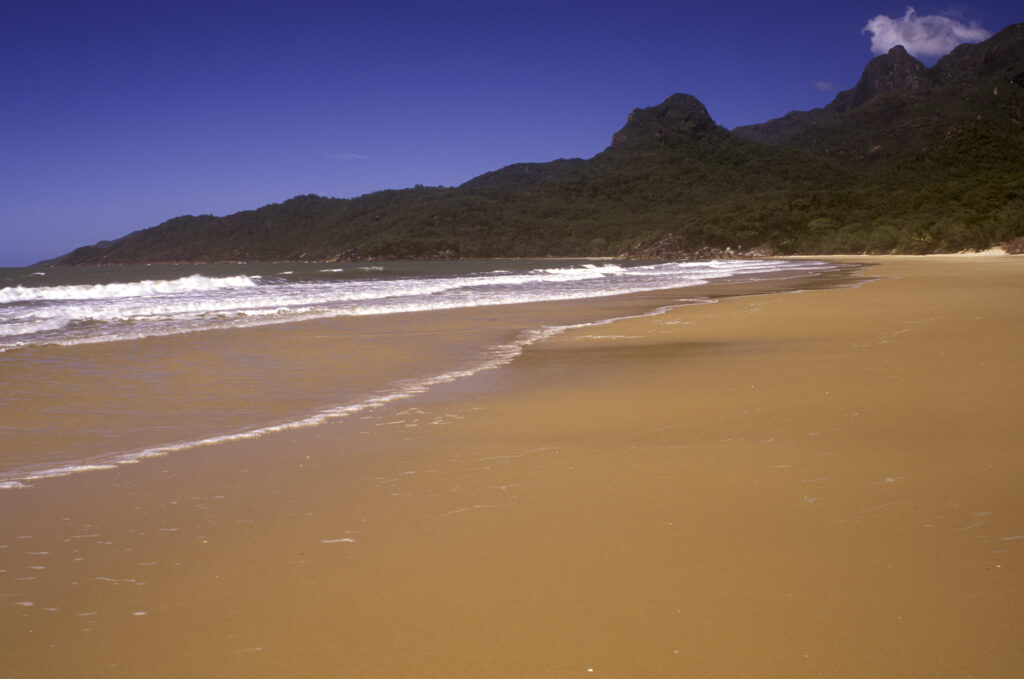 AUSTRALIA, Queensland, Hinchinbrook Island. The golden sands of Ramsay Bay start of the Thorsborne Trail.