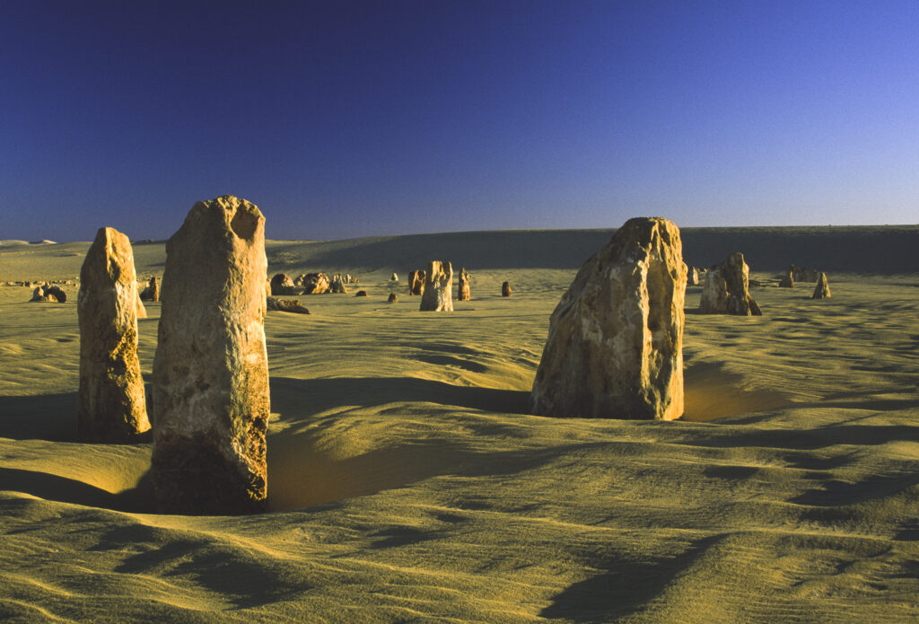 AUSTRALIA, Western Australia, Pinnacles Desert. The early morning sun casts long shadows of the limestone pillers of Nambung National Park.
