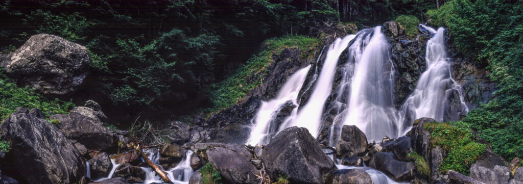FRANCE, Midi Pyrenees, Pyrenees National Park. The flowing waters of the Cascades de Lutour and surrounding forest