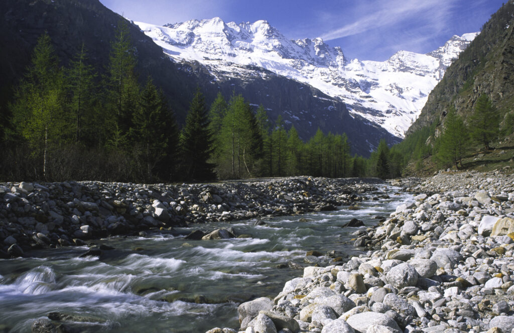 ITALY, Valle d'Aosta, Gran Paradiso National Park. The spectacular mountain landscape of the western Alps in the Valnontey valley.