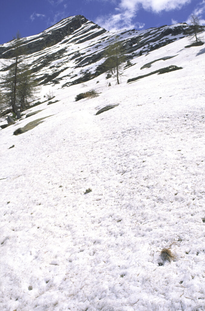 ITALY, Valle d'Aosta, Gran Paradiso National Park. Snow remains well into spring in the peaks of the mountain landscape of the western Alps above the Lillaz valley.