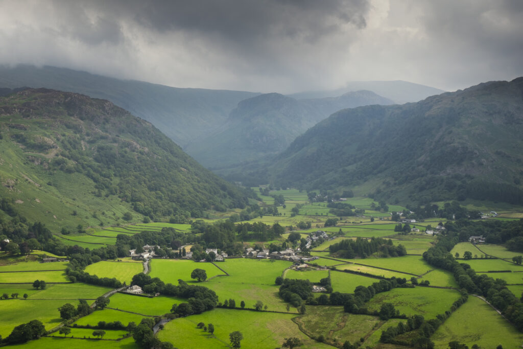 England, Cumbria, Lake District National Park. Borrowdale Valley, looking towards Stonethwaite Beck and the Langstrath Valley