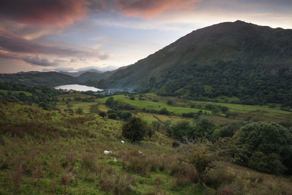 Wales, Gwynedd, Snowdonia National Park. Sunset behind Llyn Gwynant, a natural lake in the heart of the Snowdonia National Park.