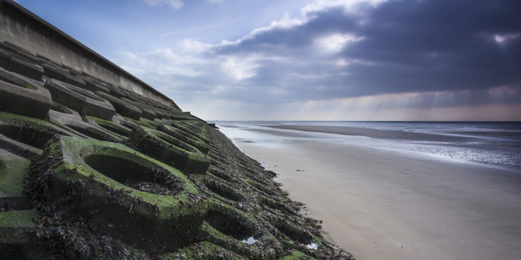 England, Lancashire, Blackpool. New sea defenses protecting Blackpool from the Irish Sea located along the South Shore.