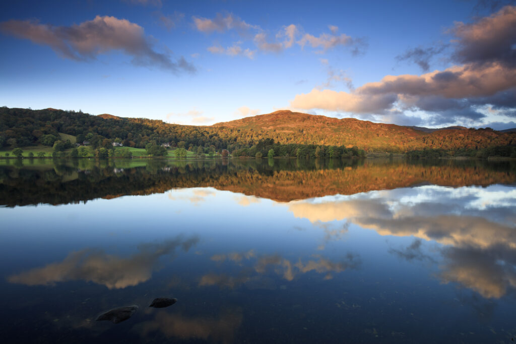 England, Cumbria, Lake District National Park. Early morning reflections at Lake Grasmere, on a still autumn day.