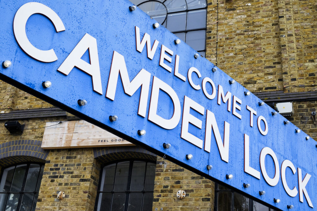 London, Camden Town, Camden Lock Market. Sign at the entrance to Camden Lock, part of the Camden Market complex in Camden Town.