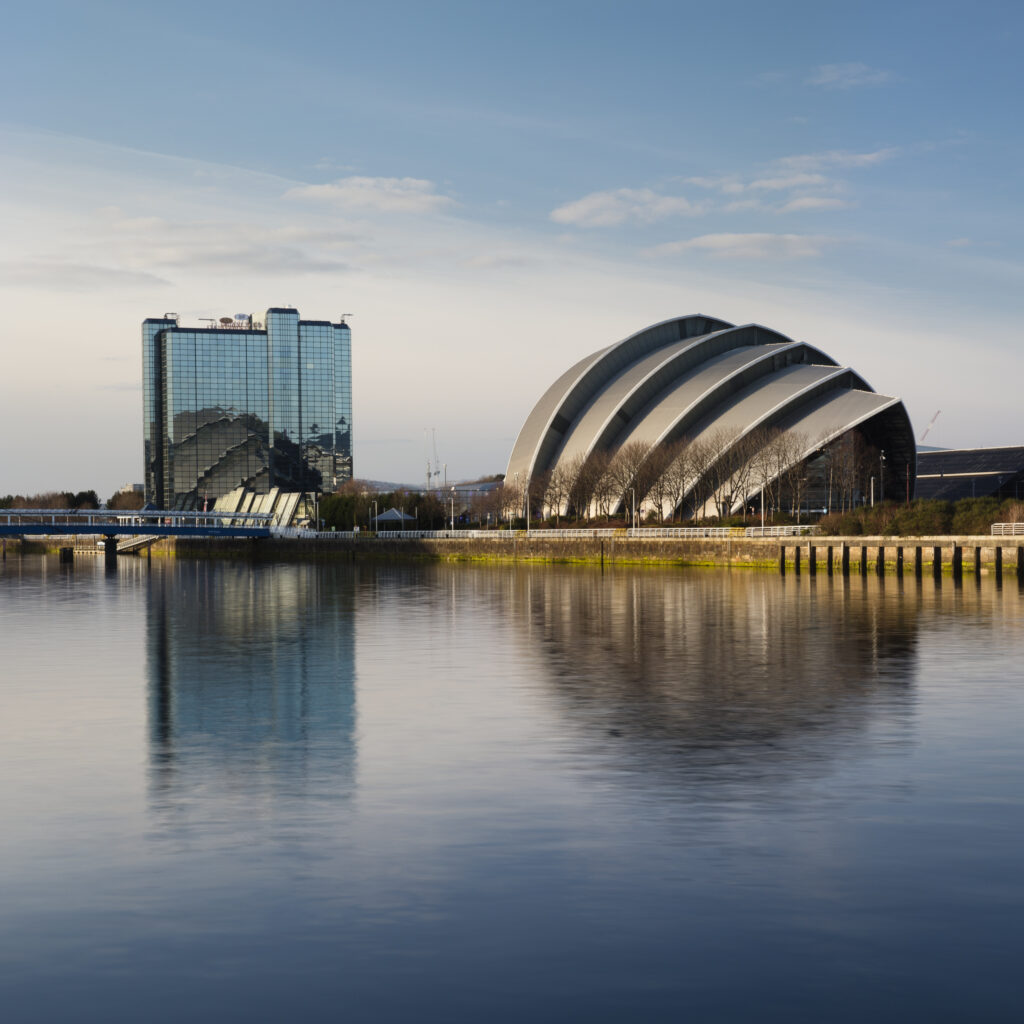 Scotland, Glasgow, Pacific Quay. The Scottish Exhibition and Conference Centre located on the Pacific Quay near Bells Bridge on the River Clyde. The building is referred to locally as the Armadillo.