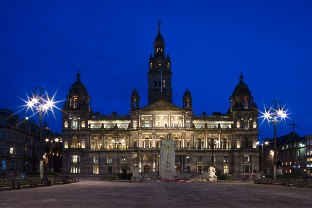 Scotland, Glasgow, Glasgow City. The victorian era Glasgow City Chambers (or Municipal Buildings) located on George Square in Glasgow City Centre.