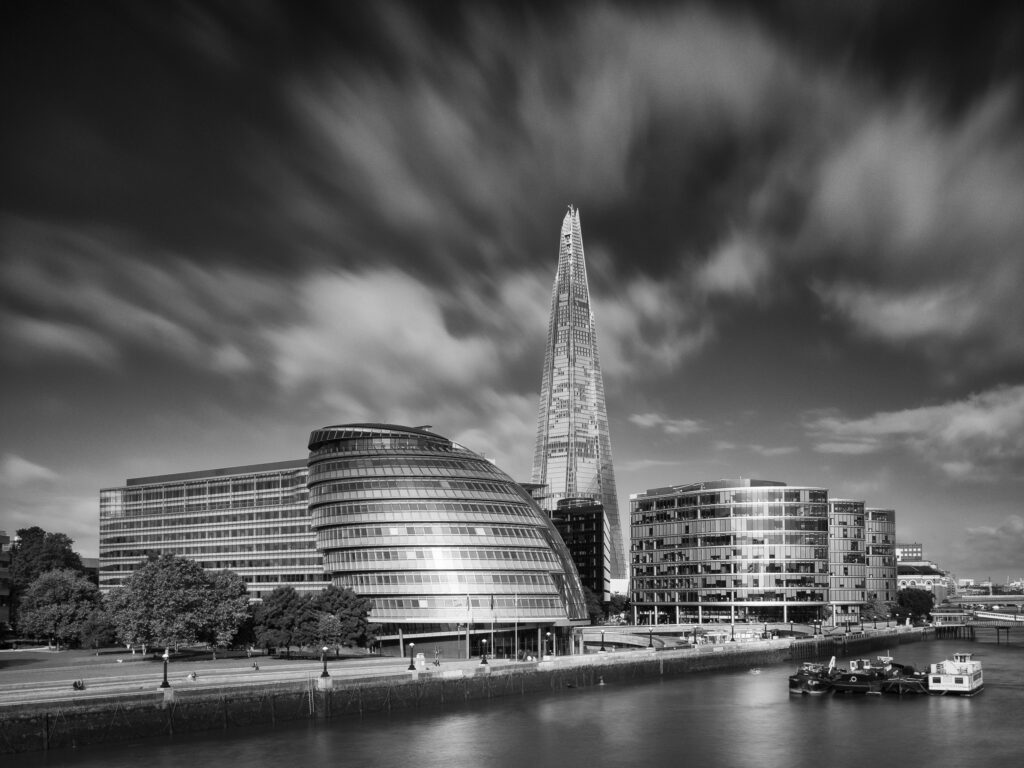 England, London, Southwark. View from the London Tower Bridge Looking towards the City Hall, The Shard and the South Bank of the River Thames.