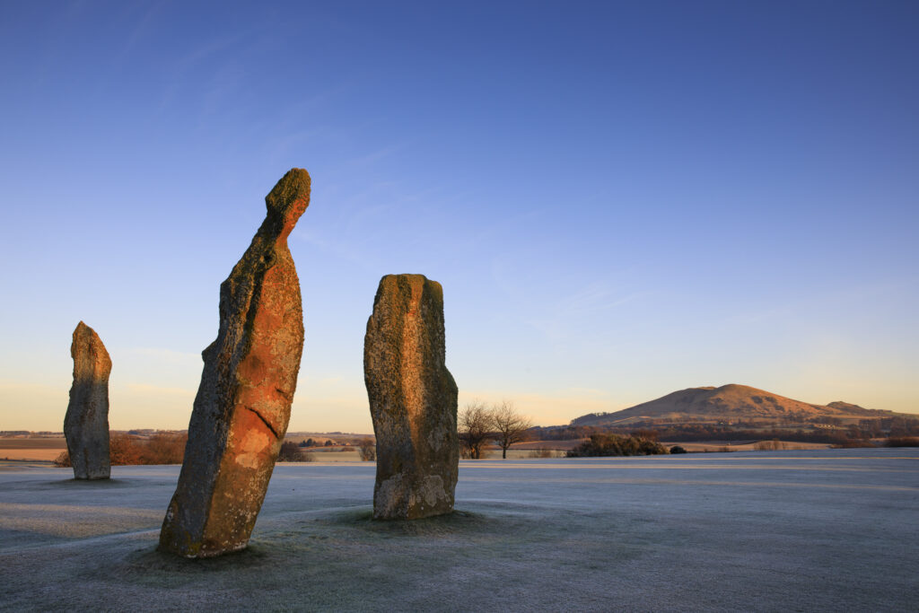 Scotland, Fife, Lundin Links Stone Circle. A frosty morning at Lundin Links Stone Circle located on the second fairway of the Ladies golf course.