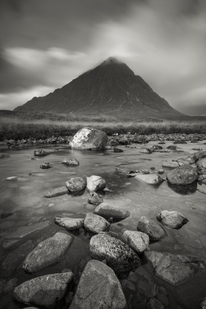Scotland, Scottish Highlands, Buachaille Etive Mòr. The River Etive over looked by the imposing peak of Buachaille Etive Mòr.