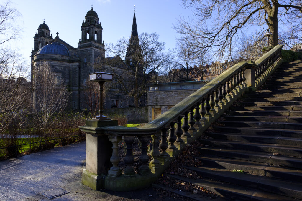 Scotland, Edinburgh, West Princes Street Gardens. St Cuthbert's Church viewed from Princes Street Gardens.