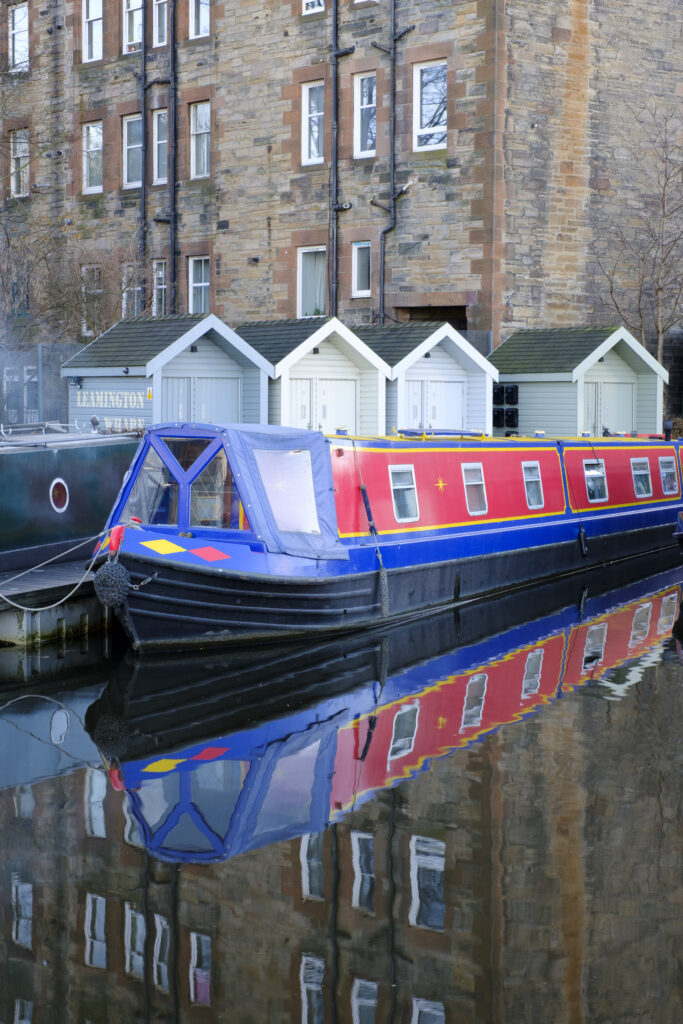 Scotland, Edinburgh, Union Canal. Canal Boat moored at Leamington Wharf on the Union Canal near Fountainbridge.