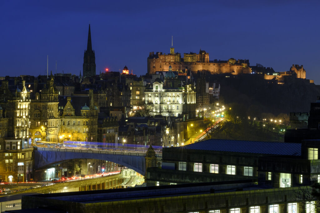 Scotland, Edinburgh, Calton Hill. View from Calton Hill, looking towards Waverley Station, Edinburgh Castle and the Old Town of Edinburgh.