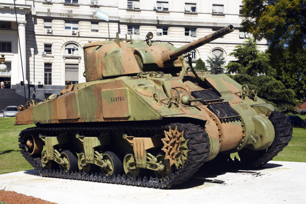 Argentina, Buenos Aires Province, Buenos Aires. Tank outside a military building in Buenos Aires.