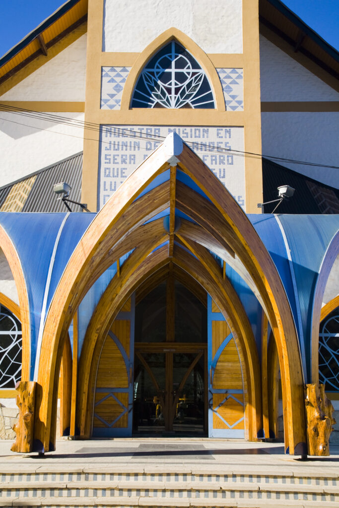 Argentina, The Lake District, Junín De Los Andes. Colourful church in Junín De Los Andes.