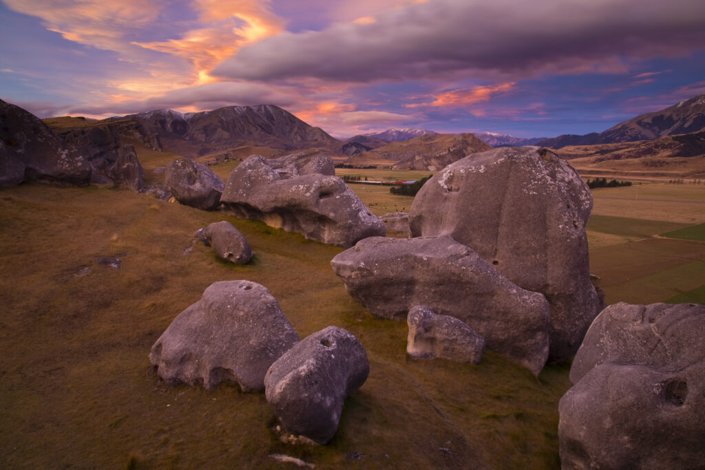 New Zealand, Canterbury, Castle Hill. Imposing array of limestone boulders on Castle Hill overlooking the Canterbury Plains.