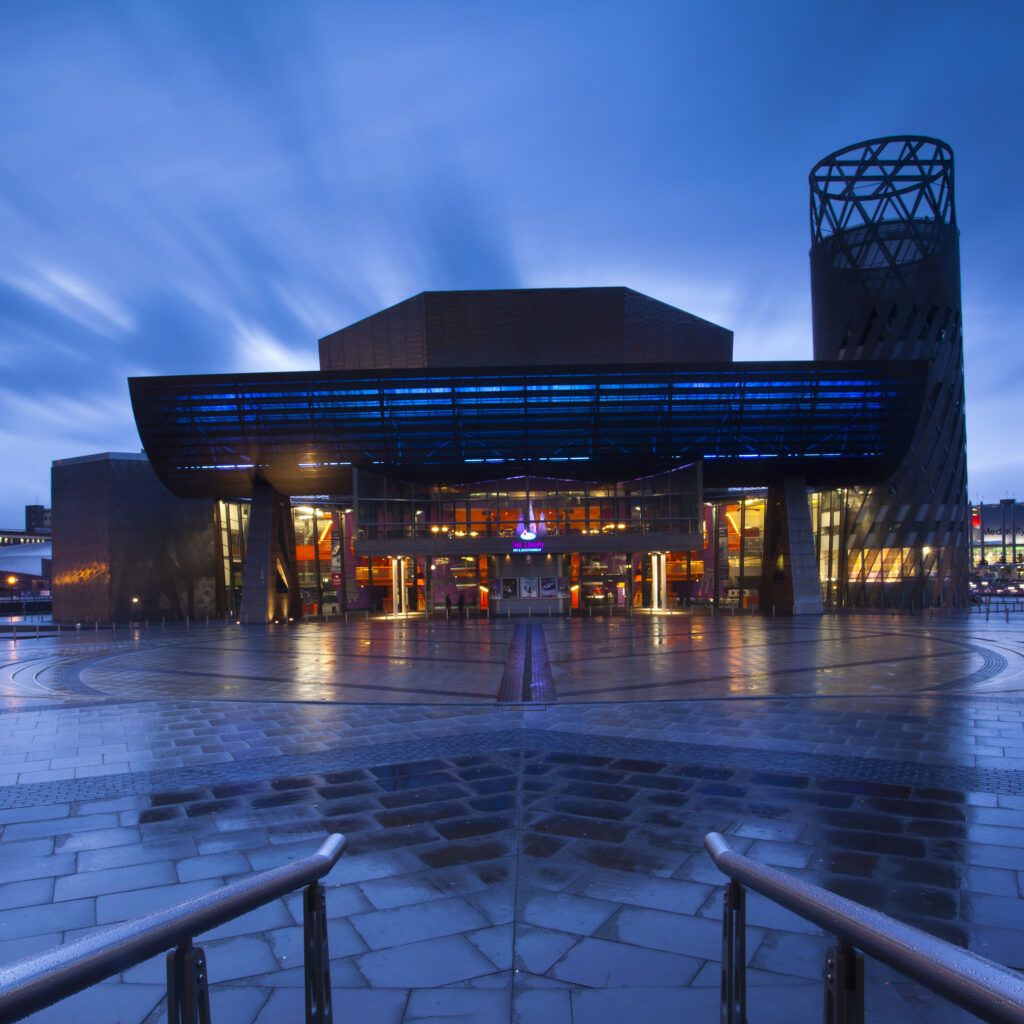 England, Greater Manchester, Salford Quays. The Lowry Centre at dusk, located on the Salford Quays in the city of Salford near Manchester Old Trafford.