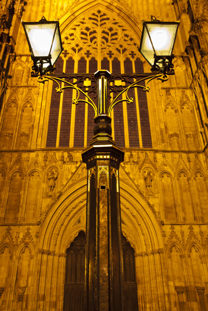 England, North Yorkshire, York City. Ornate lamp outside of the West Front entrance of York Minster.