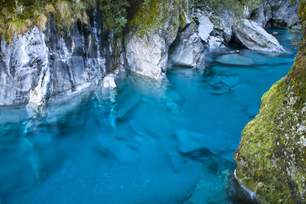 New Zealand, Otago, Mt Aspiring National Park. The Blue Pools of Haast Pass.