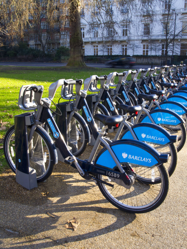 England, London, Hyde Park. London Barclays Cycle Hire docking station located in Hyde Park in the city of London. The London Cycle Hire scheme has been nicknamed 'Boris Bikes' after the present mayor, Boris Johnson, who introduced the scheme.