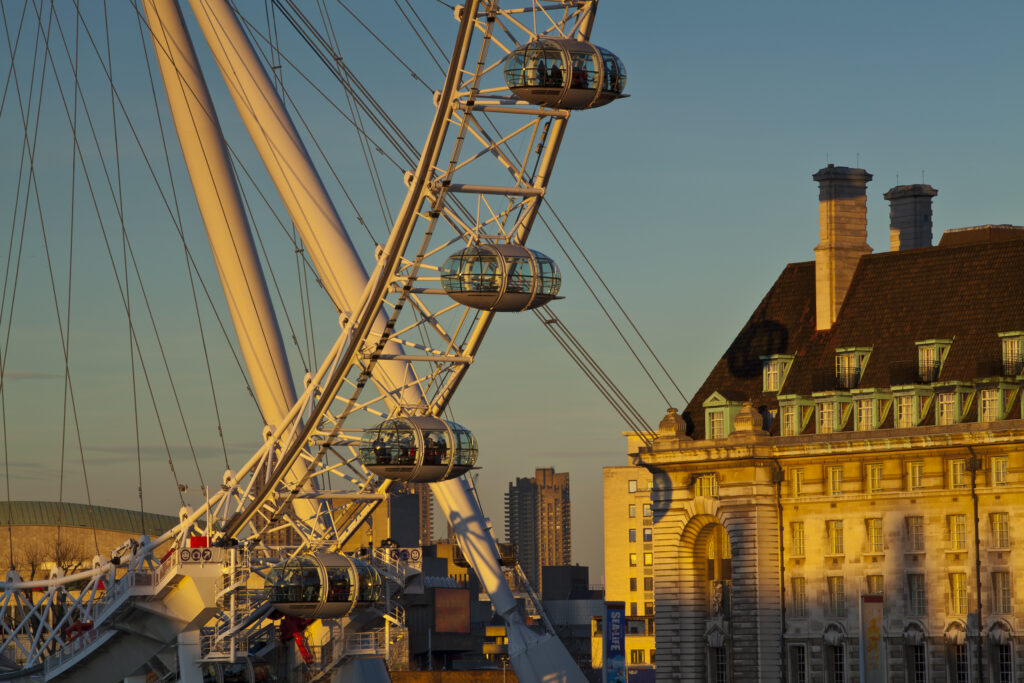 England, Greater London, London Borough of Lambeth. The London Eye (also known as the Millennium Wheel), the tallest Ferris wheel in Europe located on the south bank of the River Thames.