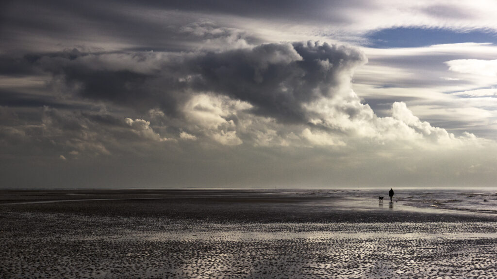 England, Lancashire, Blackpool. Man walking a dog alongside the Irish Sea near the South Shore at Blackpool.