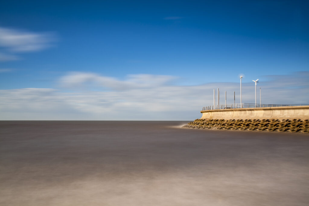 England, Lancashire, Blackpool. The new sea defense wall alongside the south shore at Blackpool.