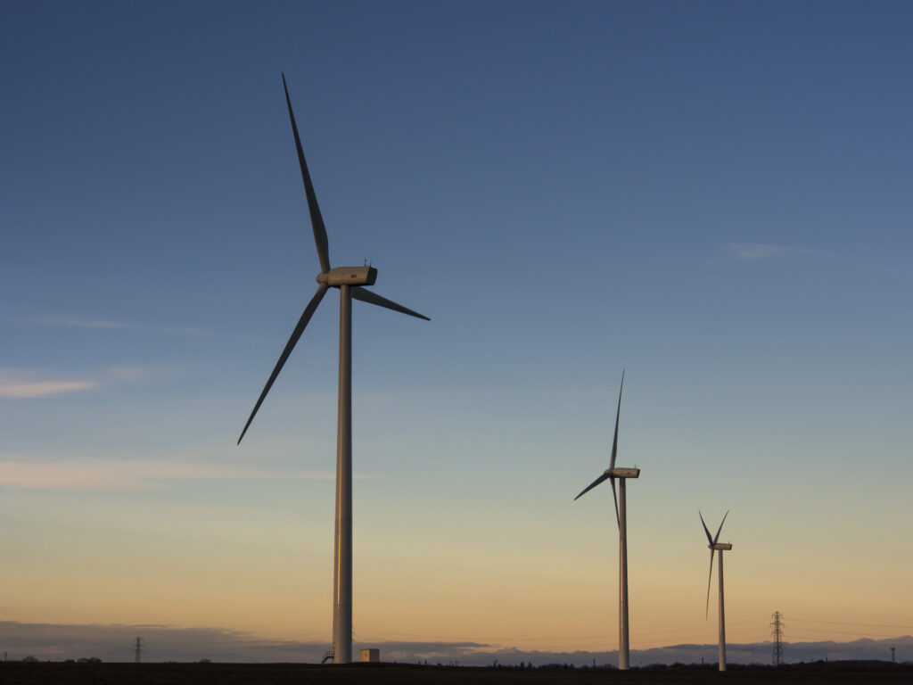 England, Northumberland, Lynemouth. Wind turbines / wind farm located near Ashington, owned and installation started by ScottishPower Renewables in 2011 - Completed in 2012.