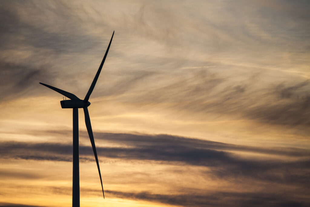 England, Northumberland, Lynemouth. Wind turbines / wind farm located near Ashington, owned and installation started by ScottishPower Renewables in 2011 - Completed in 2012.