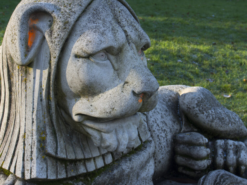 England, Tyne and Wear, Newcastle Upon Tyne. Stone Lion in Leazes Park, the oldest public park in Newcastle, opened in 1873.