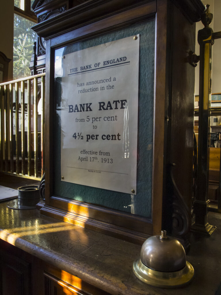 England, County Durham, Beamish Museum. Bank of England Bank Rate sign from 1913, located in the Barclays bank building on display in the Beamish Open Air Living Museum.