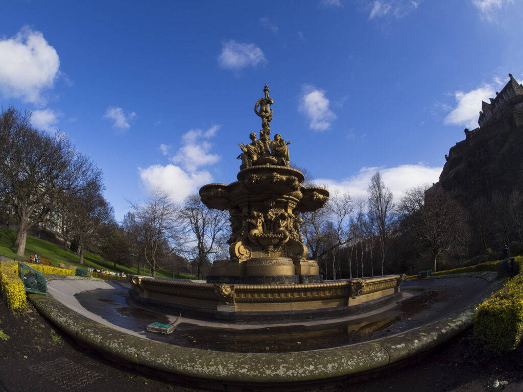 Scotland, Edinburgh, Edinburgh Castle. Ross Fountain was cast In France in the early 1860's before being exhibited in the Great Exhibition (London) in 1862 and finally being installed in West Princes Street Gardens some ten years later.