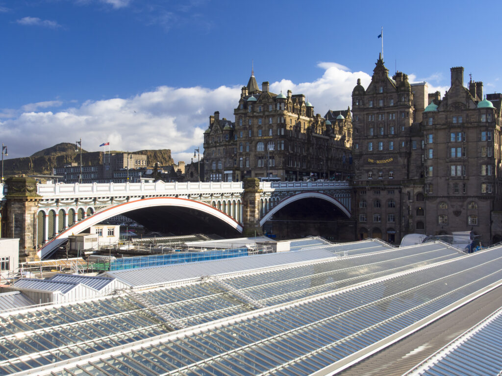Scotland, Edinburgh, Waverley Station. Roof of Waverley station, the principal railway station in Edinburgh, situated beneath the North Bridge linking the two towns.