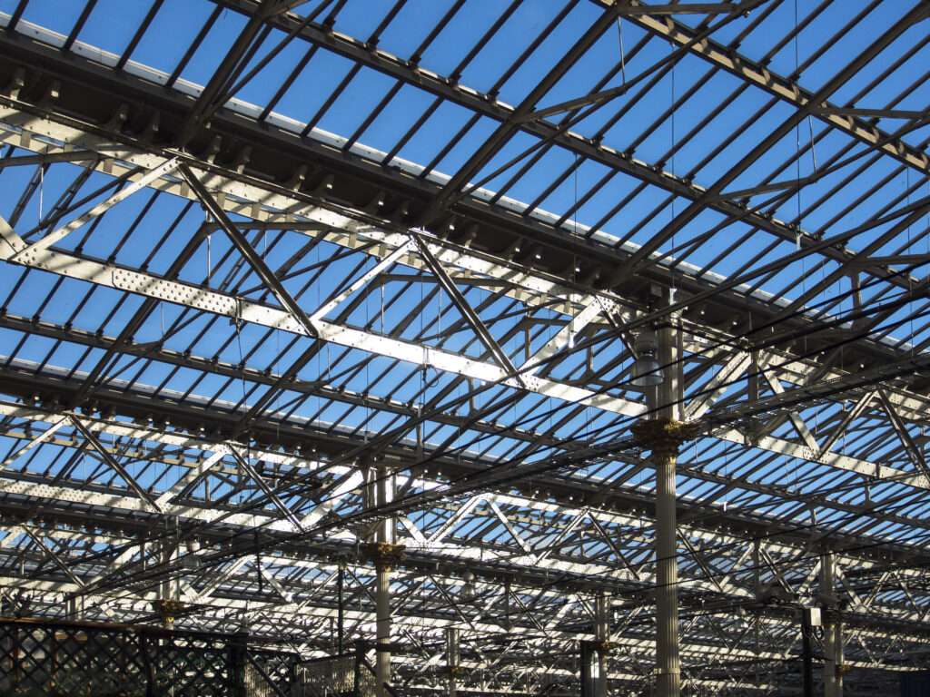 Scotland, Edinburgh, Waverley Station. Roof of Waverley station, the principal railway station in Edinburgh, situated beneath the North Bridge linking the two towns.