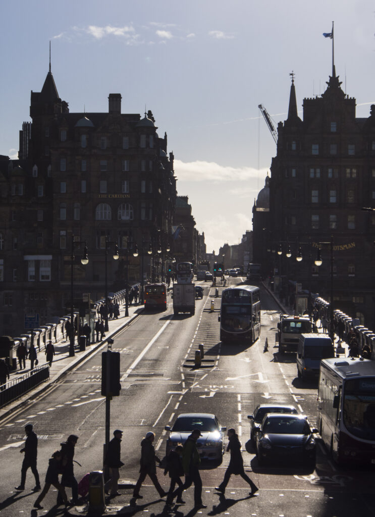 Scotland, Edinburgh, Edinburgh City. The Scotsman Building and the North Bridge, linking Princes Street with the Edinburgh Old Town.