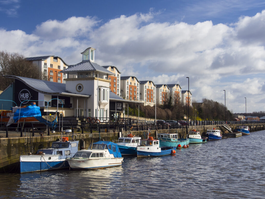 England, Tyne & Wear, Newcastle Upon Tyne. Boats moored on the River Tyne near the Ouseburn region and the Newcastle Quayside.