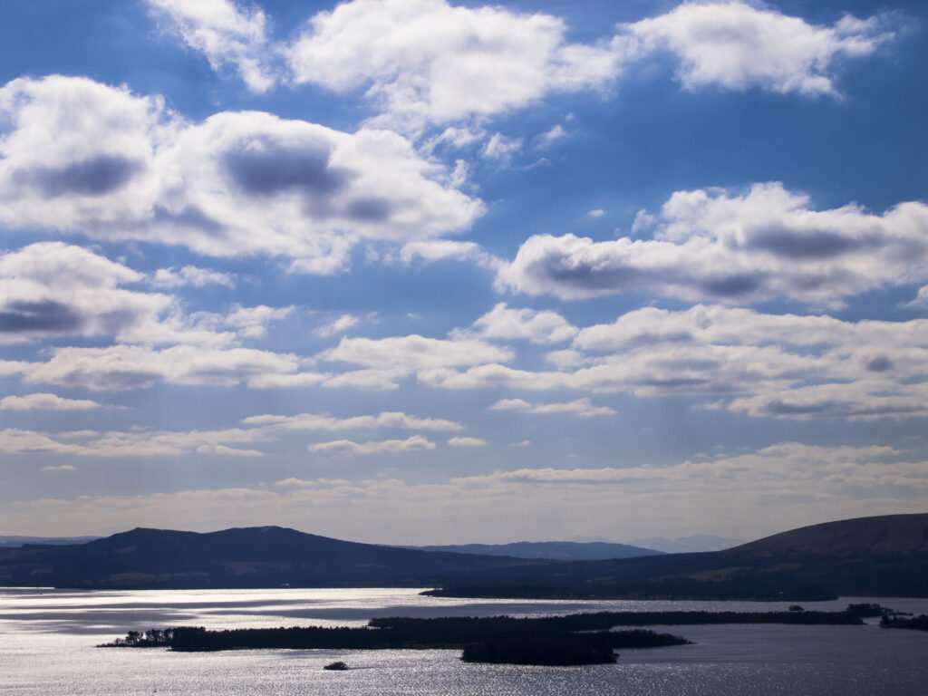 Scotland, Stirling, Loch Lomond and The Trossachs National Park. Looking down on Loch Lomond, gateway to the West Highlands forming part of the Loch Lomond and The Trossachs National Park