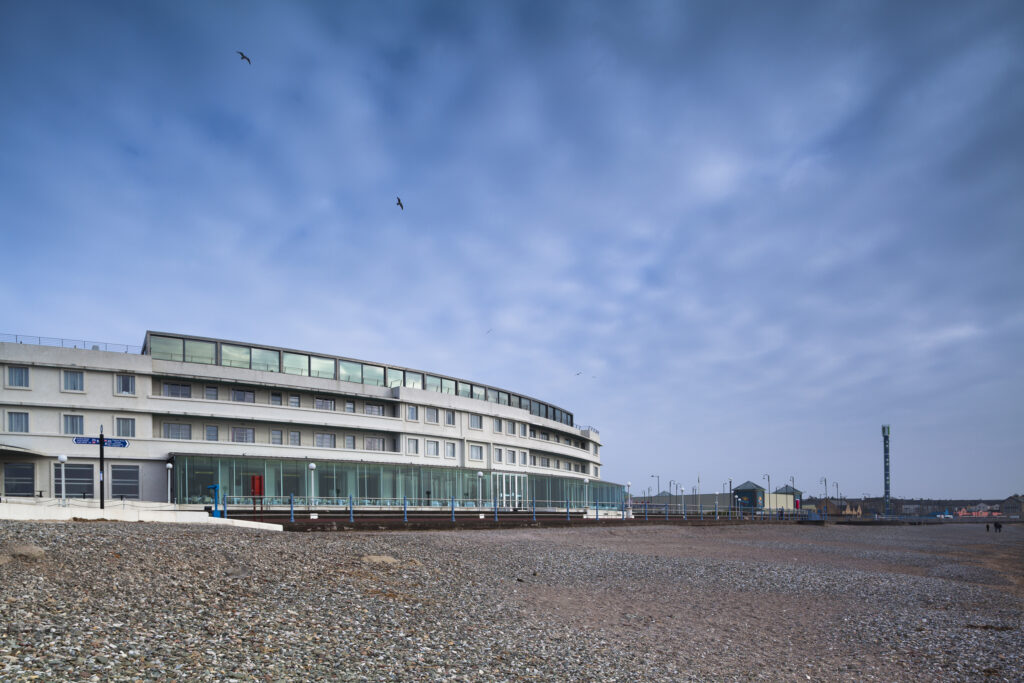 England, Lancashire, Morecambe. The Art Deco Midland Hotel in Morecambe, overlooking Morecambe Bay.
