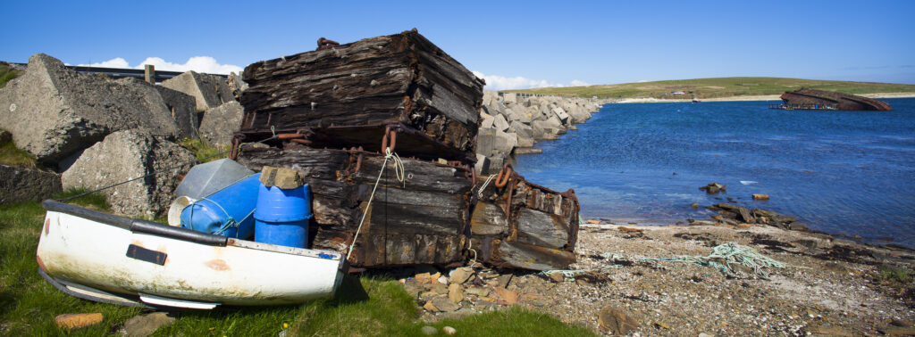 Scotland, Orkney Islands, Churchill Barrier. Churchill Barrier No. 3, linking Glimps Holm and Burray, built by prisoners of war in WW2 to protect the Royal Navy anchorage in Scapa Flow from German U-boats.