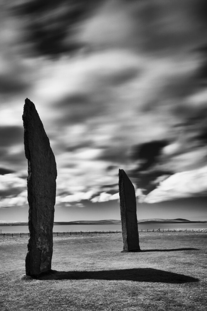 Scotland, Orkney Islands, Standing Stones of Stenness. The Standing Stones of Stenness, a Neolithic stone circle monument on the mainland of Orkney, Scotland, forming part of the Heart of Neolithic Orkney World Heritage Site