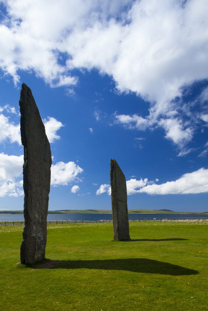 Scotland, Orkney Islands, Standing Stones of Stenness. The Standing Stones of Stenness, a Neolithic stone circle monument on the mainland of Orkney, Scotland, forming part of the Heart of Neolithic Orkney World Heritage Site