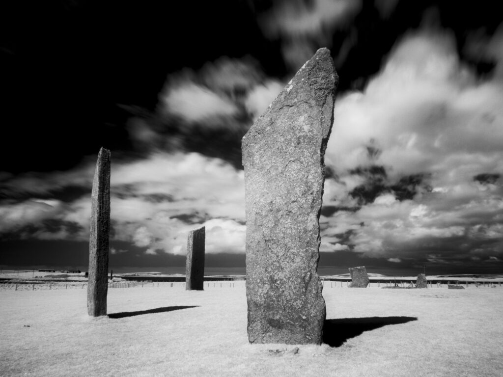 Scotland, Orkney Islands, Standing Stones of Stenness. The Standing Stones of Stenness, a Neolithic stone circle monument on the mainland of Orkney, Scotland, forming part of the Heart of Neolithic Orkney World Heritage Site